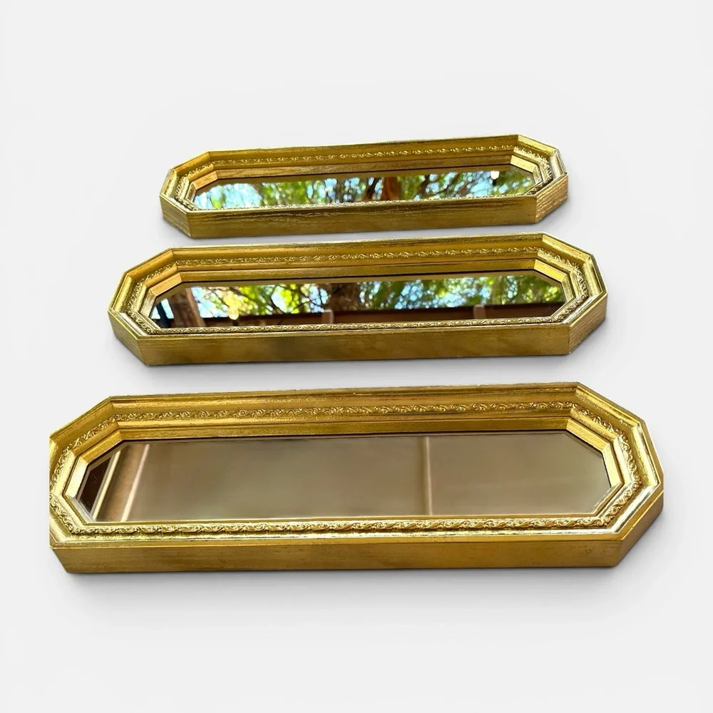 Set of 3 Vintage Ornate Gold Wall Mirrors: Hollywood Regency MCM 17" x 5" x 1" - Picture 4 of 9